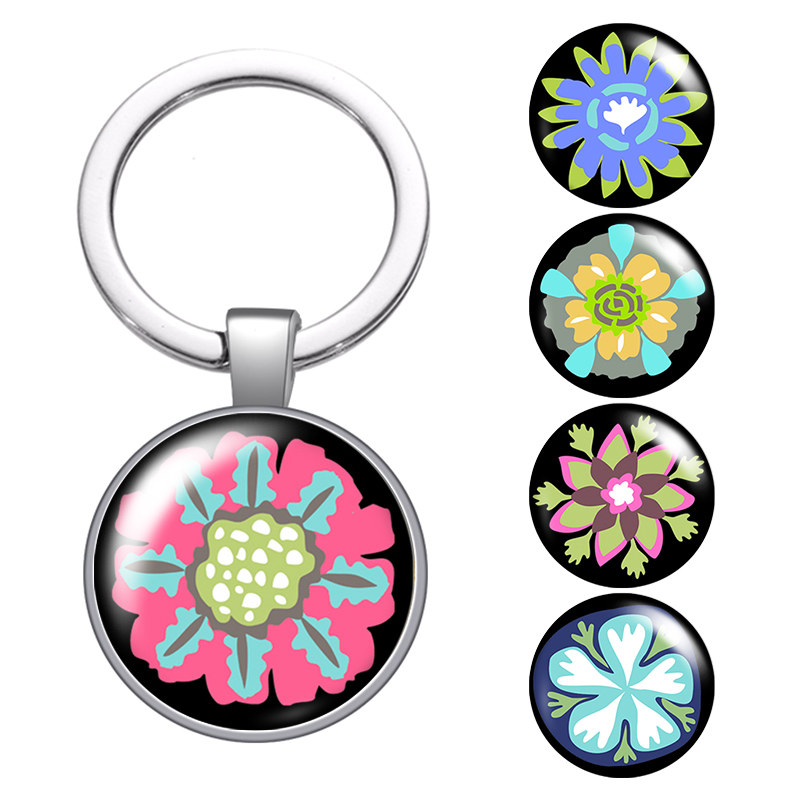 

Flowers Painting Artistic Style Flower Glass Cabochon Keychain Bag Car Key Rings Holder Silver Plated Key Chains Women Gifts