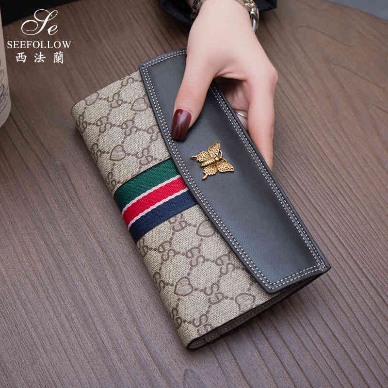 

Long wallet women new ultra-thin versatile buckle change multi card position cowhide simple envelope purse, Black