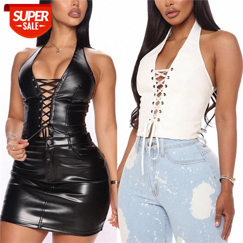 

hirigin New Deep V-neck Hollow Out Women Tube Tops Clubwear 2021 Sexy Off Shoulder PU Leather Backless Bodycon Lace-up Tank Vest #o23j, White