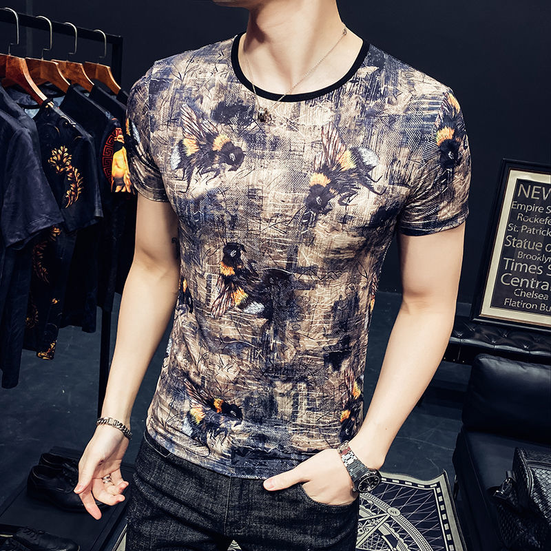 

Korean Men T-shirts New Printed Sleeve Tshirts 2021 Spring Summer Casual Top Streetwear Ice Silk Male Short Tee 6w4g, Picture color