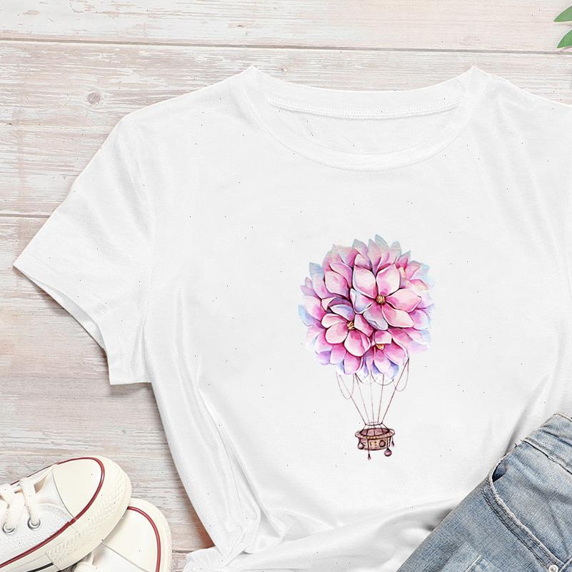 

women t shirt harajuku pink flowers make up a balloon graphic style cartoon streetwear cheap, White