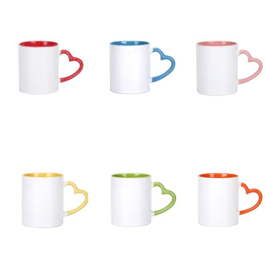 

Blank Sublimation 11oz Ceramic Mug with Heart Handle 320ml White Ceramic Cups with Colorful Inner Coating Special Water Cup RRA3625, As pic