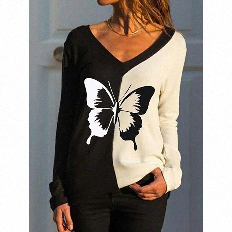 women's Floral Theme Butterfly Painting T shirt Floral Butterfly Color Block Print V Neck Basic Tops Blue Black White / 3D Print y8KH#