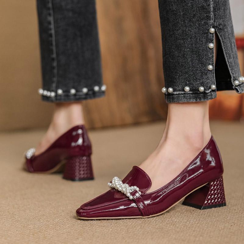 

Dress Shoes Spring Autumn Ol Office Lady Women Patent Leather Pointed Toe Pearls Pumps Square Heel Boat Ladies, Black