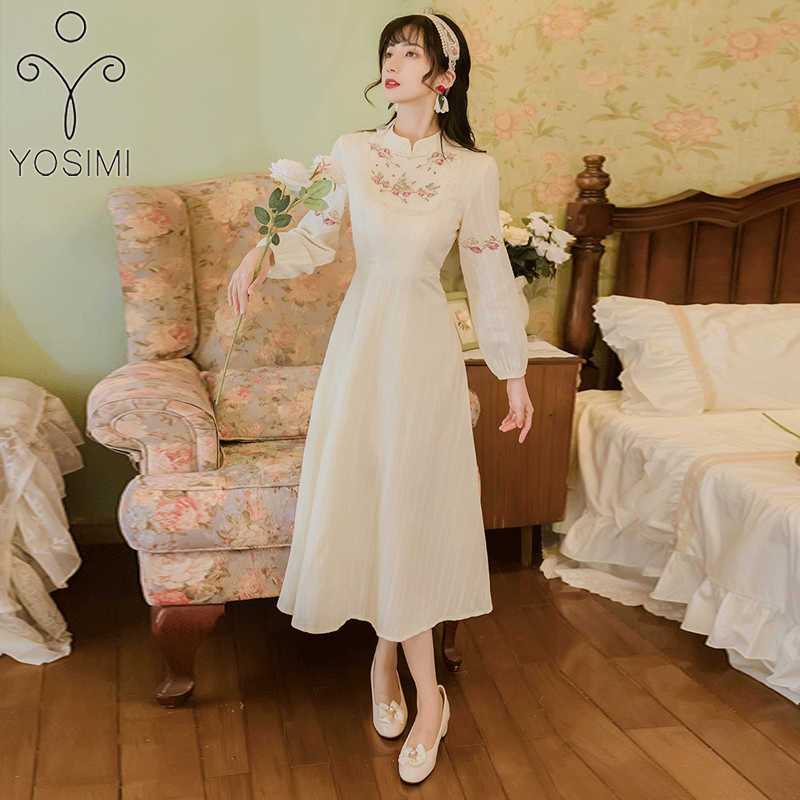 

YOSIMI Floral Embroidery Long Women Dress Elegant Autumn Beige Sleeve Stand Neck Mid-calf Fit and Flare Winter Dresses 210604