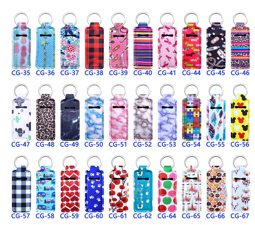 

Design Print Cute Favor Neoprene Lipstick Balm Holder Keychains Handy Lip Chapstick Holders Lanyard Keychain With Metal Keyring Clips Ring HH21-357