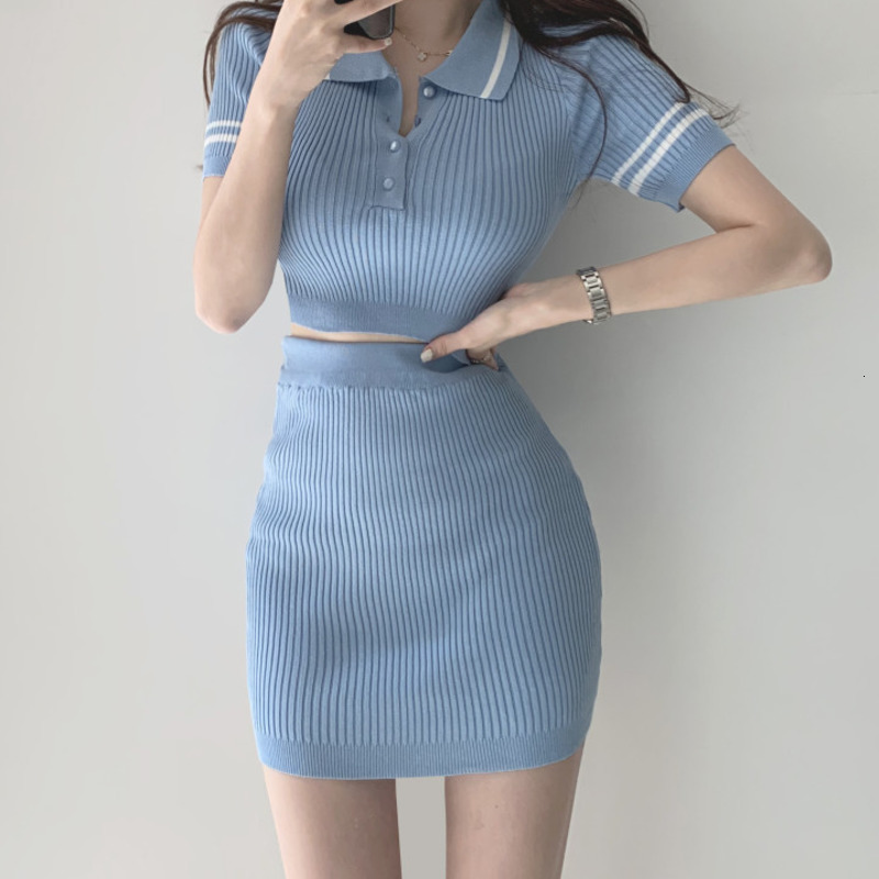 Two Piece Dress Korean Knitted 2 Set Women Crop Top Short Sleeve Sexy Pullover + Bodycon Mini Skirt Suits Fashion Casual Outfits S-image-706149796