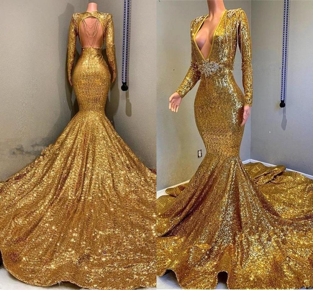 

2021 New Gold Sparkling Long Sleeves Sequins Mermaid Prom Es Deep v Neck Beaded Stones Backless Sweep Train Party Evening Gowns Sxaq
