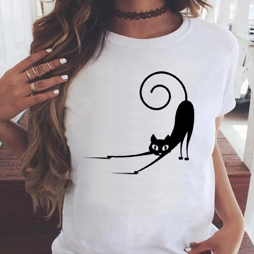 

graphic cat fashion mujer women camisetas short sleeve 90s cartoon summer print female clothes tees t shirt, White