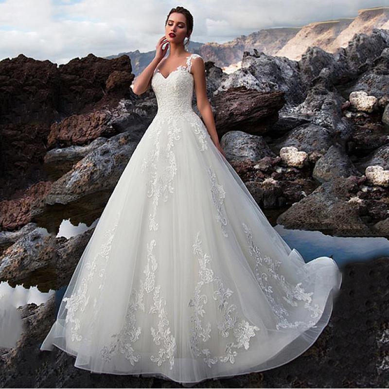 

2021 New Illusion A-line Wedding Es Lace Up Back Bridal Gowns Formal Customized Vestidos De Mariage Gorgeous 6enc, Ivory