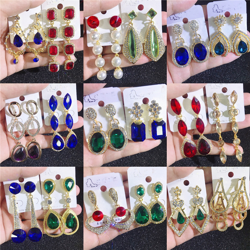 Europe United States retro Colorful Rhinestone Women drop earrings Long bohemian glass drill temperament Wedding Jewelry