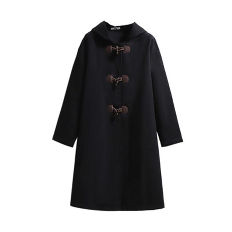 

Women's Wool & Blends 2021 Autumn Winter Woolen Coats Loose Plus Size Female Overcoats Horn Button Warm OL Trendy Lady Long Hooded, Black