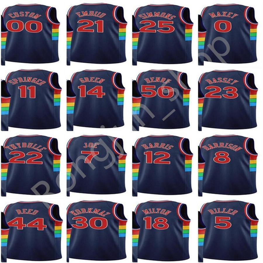 

2021-22 Printed Philadelphias Men Basketball Ben Simmons Joel Embiid Tobias Harris Tyrese Maxey Aaron Henry 75th Anniversary 76er jerseys Fq, As picture