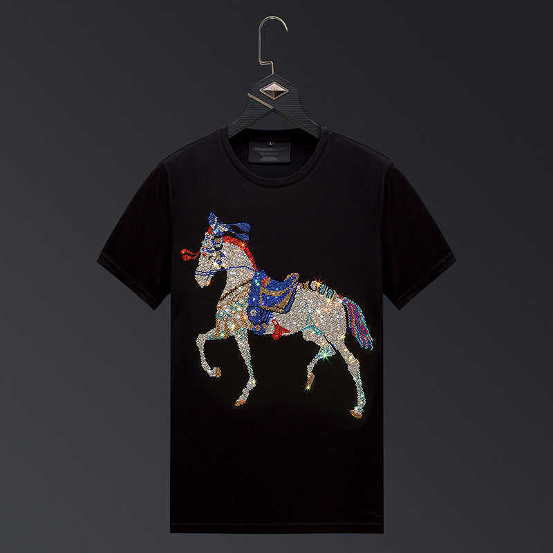 

Hot diamond t-shirt men' short sleeve 2021 new war horse ice silk clothes men' fashion brand trend t-shirt men' large, White