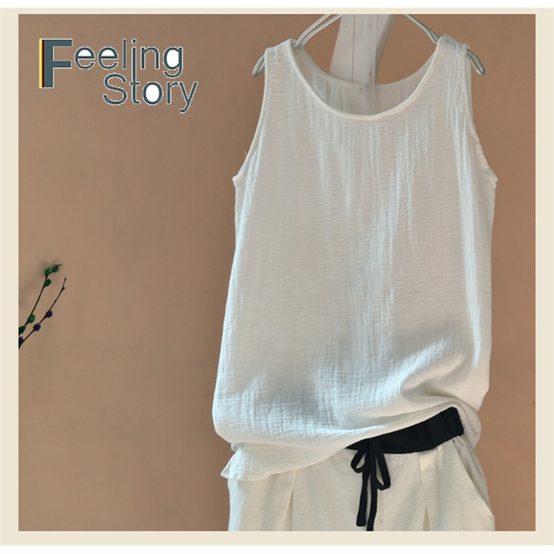 

White Cotton Linen Tank Tops Women Solid Casual Sleeveless Shirts Summer Vest Top Soft Long O Neck Comfortable Blusas 210603, Green