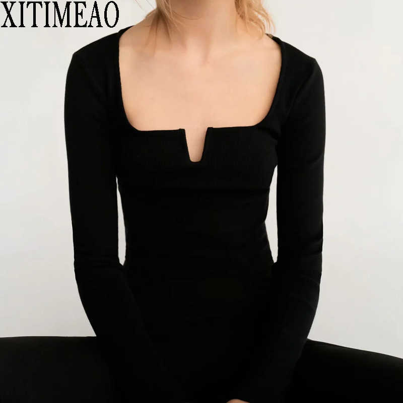 

ZA V Neck Long Sleeve T Shirt Women Sexy Slim Spring Autumn Street Tops Tshirt Streetwear Tights High Waist Short 210604, Black