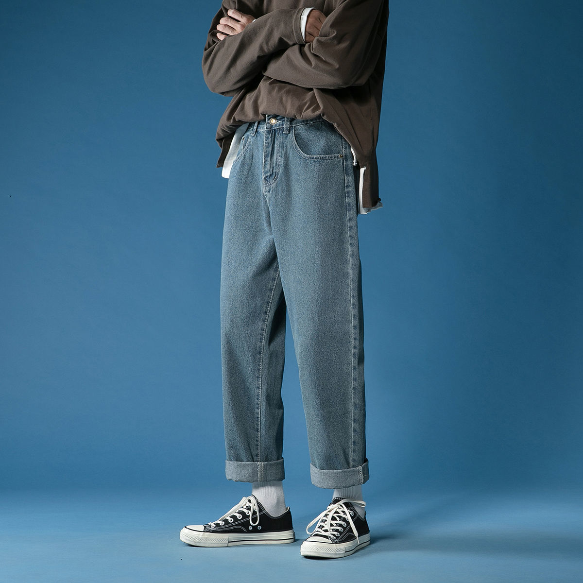 

2021 New of Men Thin Stretch Fit Casual Classic Load Youth Pocket Jeans Straight Male Color Solid Biker Denim Pants M-2xl 7boc, Light blue.