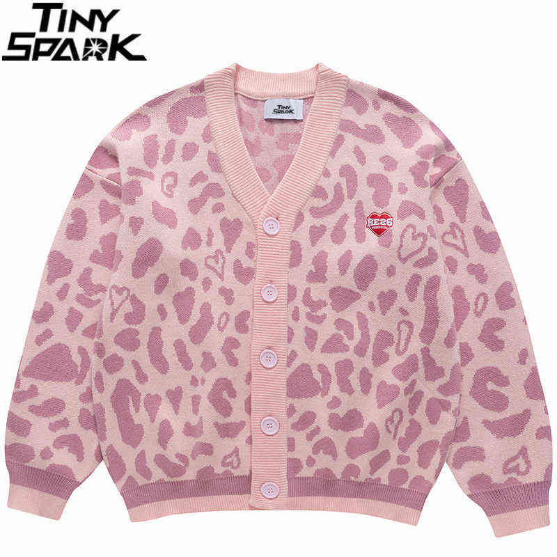 

Hip Hop Knitted Jacket 2021 Men Streetwear Leopard Print Embroidery Sweater Jacket Autumn Cotton Casual Jacket Coat Harajuku Y1106, A62kb06 pink