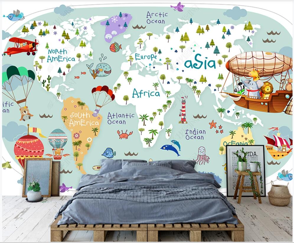custom photo 3d wallpaper Cartoon airplane sailing around the world map children&#039;s room home decor 3d wall murals wallpaper for walls 3 d in-image-710049917