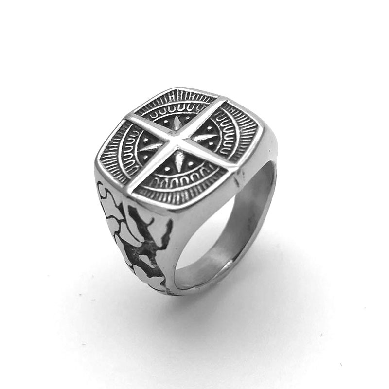 

Vintage Antique Silver Plated Stainless Steel Compass Pattern Ring for Men Gift