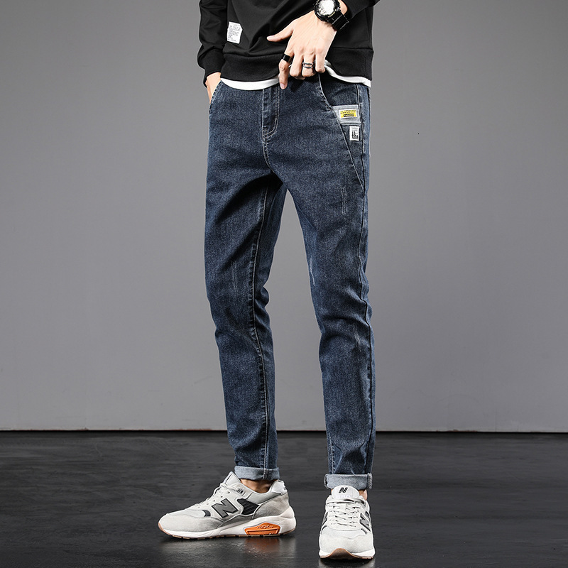 

2021 New Korean Style Fashion Men Jeans Vintage Retro Blue Elastic Slim Fit Casual Cotton Denim Trousers Streetwear Youth Pencil Pants P01g