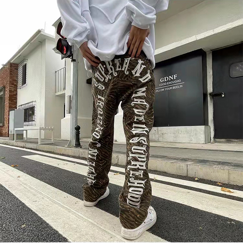 

Letter Embroidery Leopard Washed Mens Jeans Pants Ripped Frayed Oversized Loose Style Casual Denim Trousers, Blue