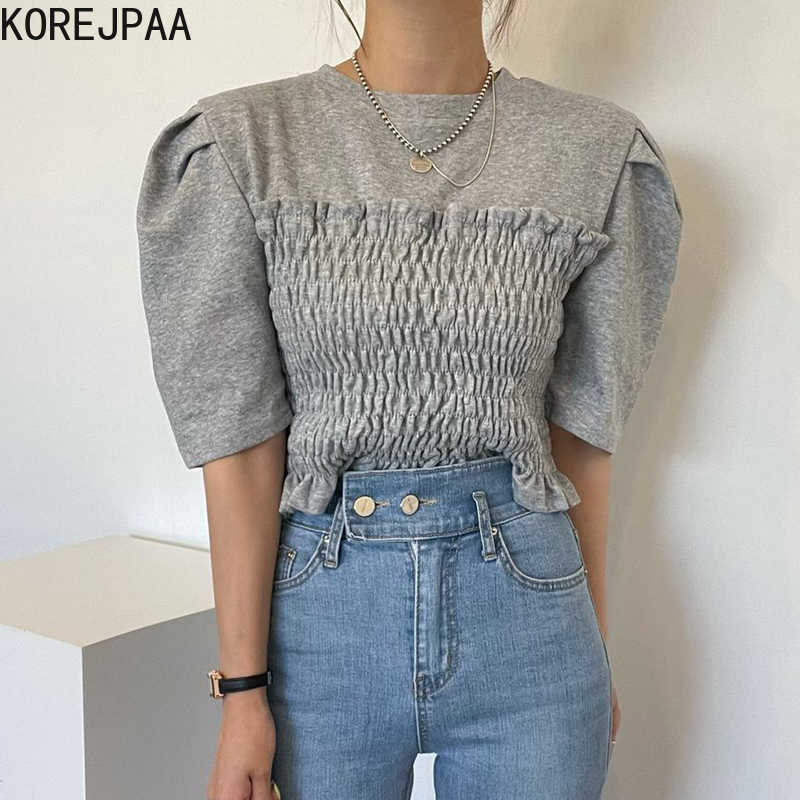 

Korejpaa Women T-Shirts Summer Korean Chic Girls French Round Neck Wooden Ear Stitching Pleated Slim Puff Sleeves Pullovers 210526, Gray