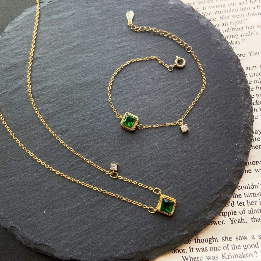 

Light luxury emerald 14K Gold Necklace with diamond square zircon student Forest Department friend's hand ornamentk5, Silver