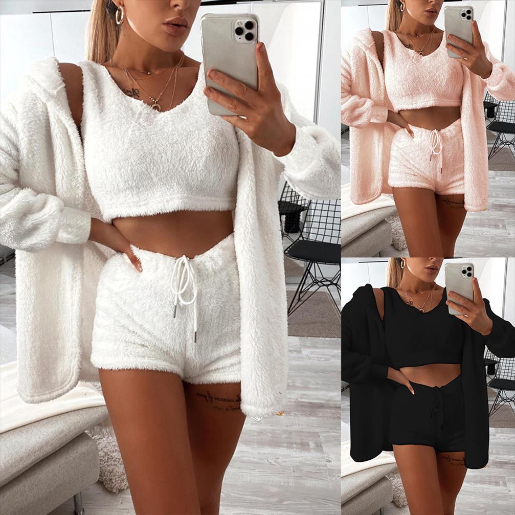 

3 Pieces Fluffy Suit Womens Pants Home Furnishing Lace Up Shorts Cardigan Vest Loose Coat Comfortable Plush Set Autumn Winter, White