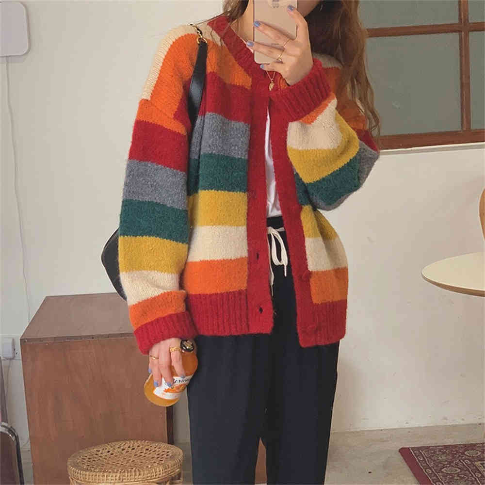 

women's jackets winter rainbow autumn stripe woman's cardigan sweater loose on the lazy student's chic long sleeve clothes d, Black;brown