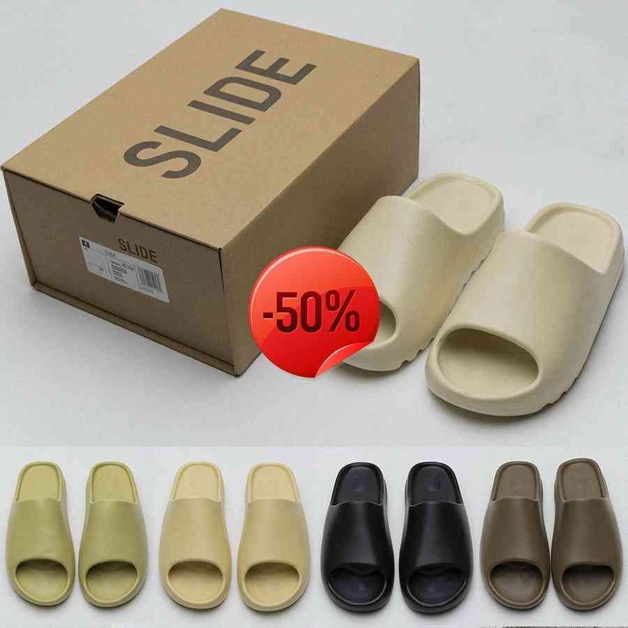 

[with box] 2021 comfortable kanye slides west slippers desert sand summer brown flat men women beach resin yeesy slide sandal men's slipper, #9 pure