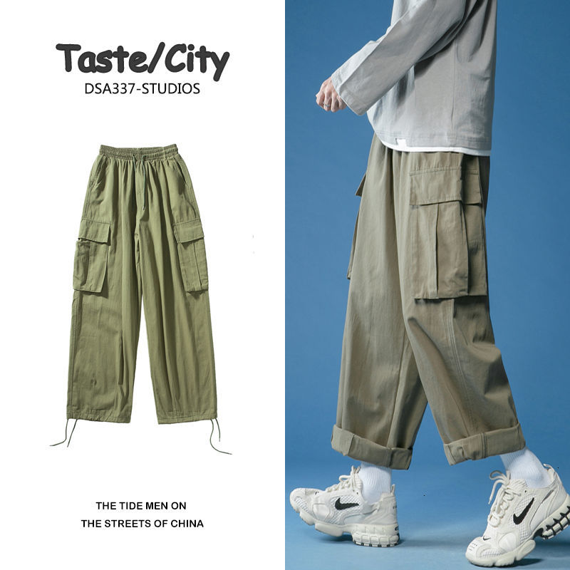 

2021 New Autumn Cotton Straight Casual Men's Fashion Multi-pocket Cargo Pants Men Streetwear Loose Hip-hop Overalls Mens Trousers Ouew, Black