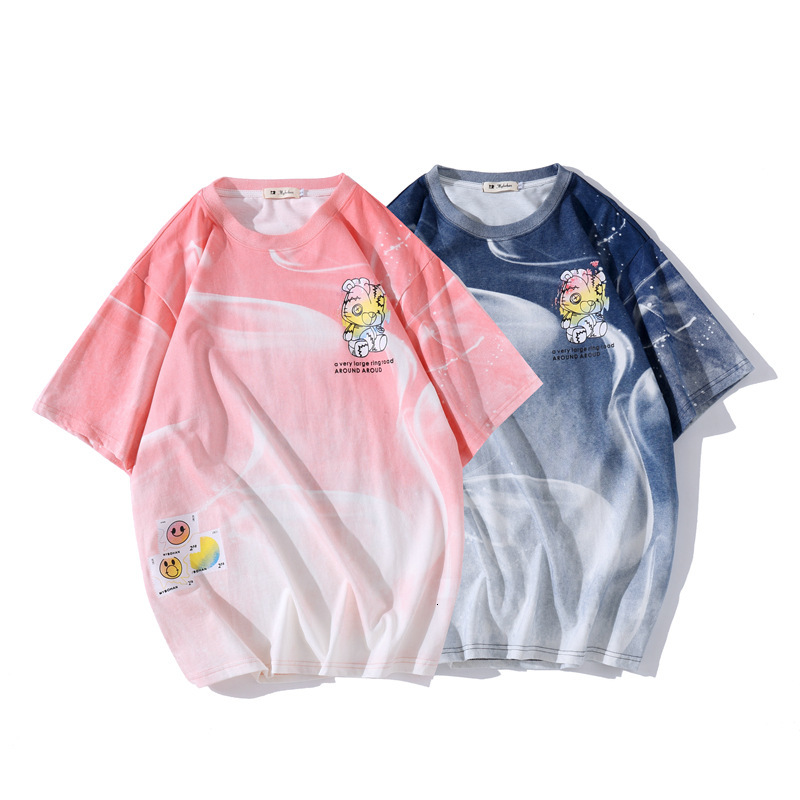 

fashion t shirt guochao couple summer men and women's tie dye gradually violent bear short sleeve loose student half, White;black
