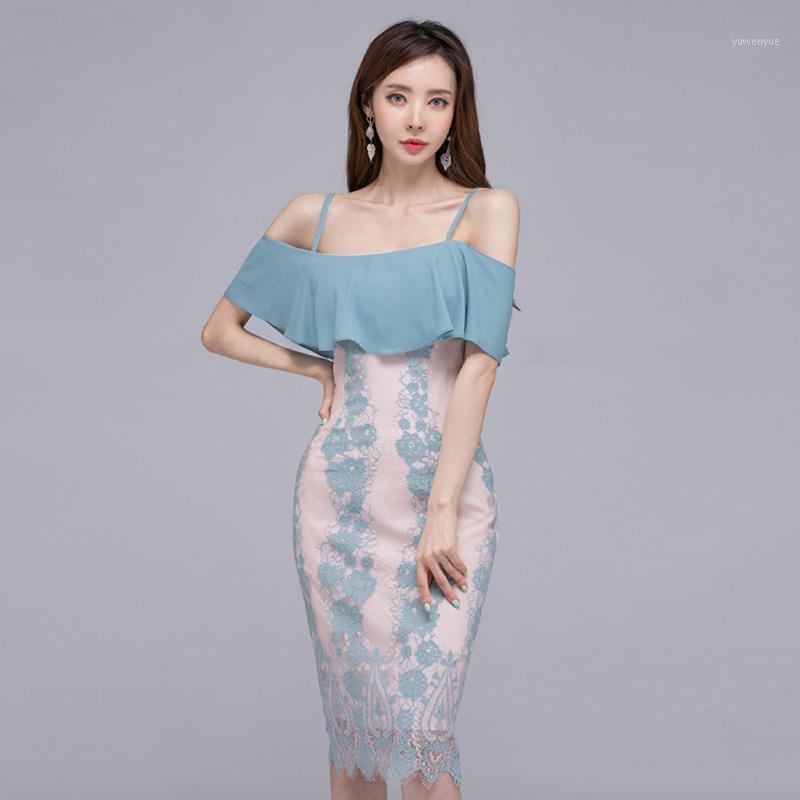 

Autumn Korean Ladies Sexy Nude Shoulder Straps Ruffle Stitching Lace Waist Bag Hip Dress Casual Dresses, Sky blue