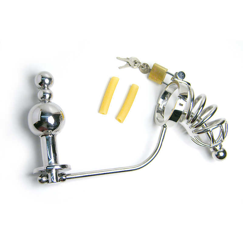 

Male Anal plug with Cock Cage Chastity Device Stainless Steel Butt beads Penis Urethral Catheter Adult Sex Toys Chastity Belt 210629