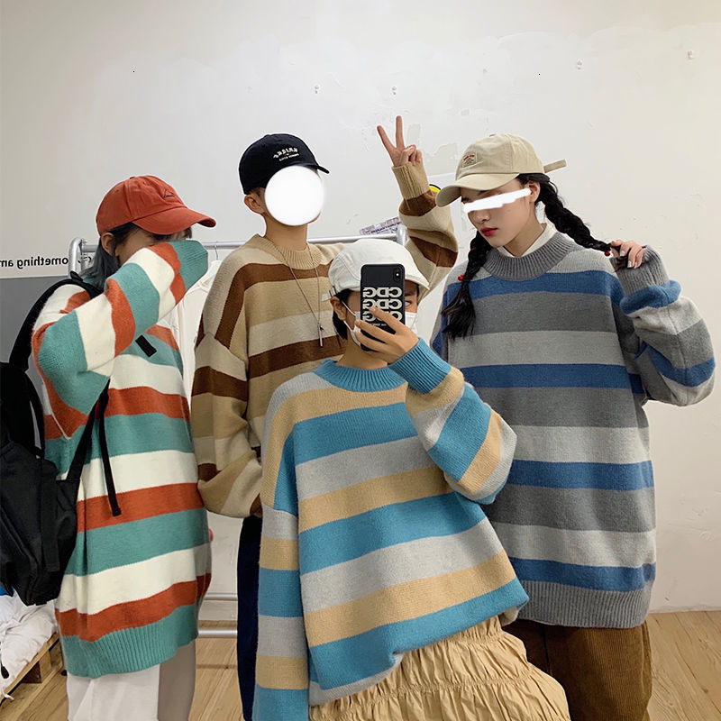 

2021 New Winter Striped Sweater Men's Warm and Fashionable Hit Color Casual Knitted Pullover Men Loose Knitting Sweaters Mens Clothes Wtt9, Gray