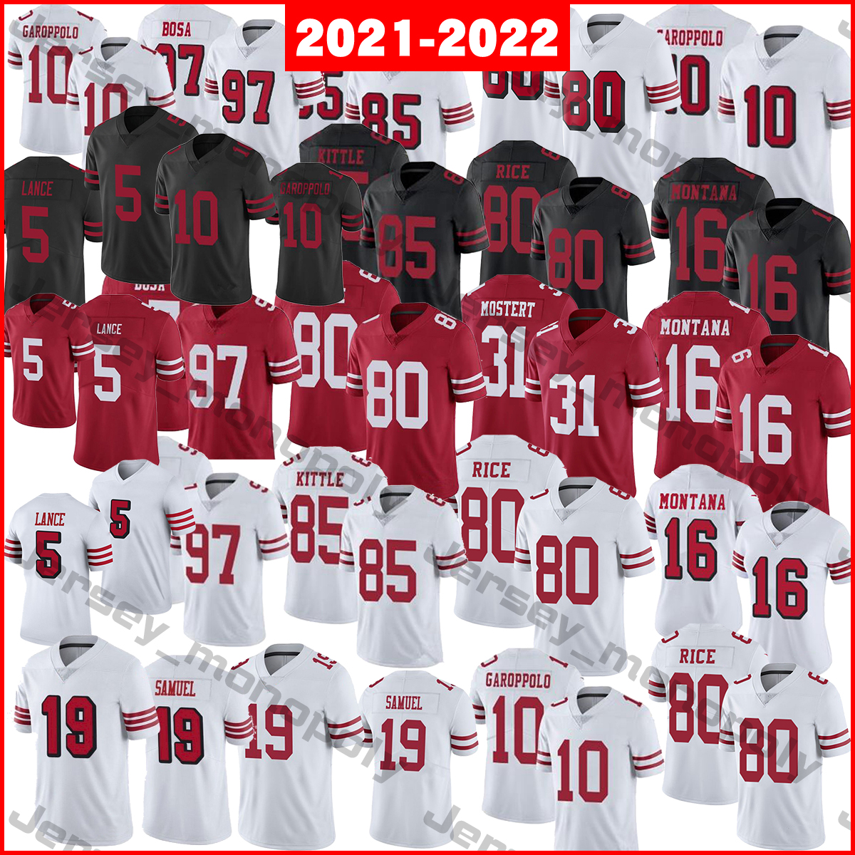 

2021-2022 Football Jerseys 5 trey lance 10 jimmy garoppolo 16 joe montana 19 deebo samuel 31 raheem mostert 80jerry rice 85 george kittle 97 nick bosa, As