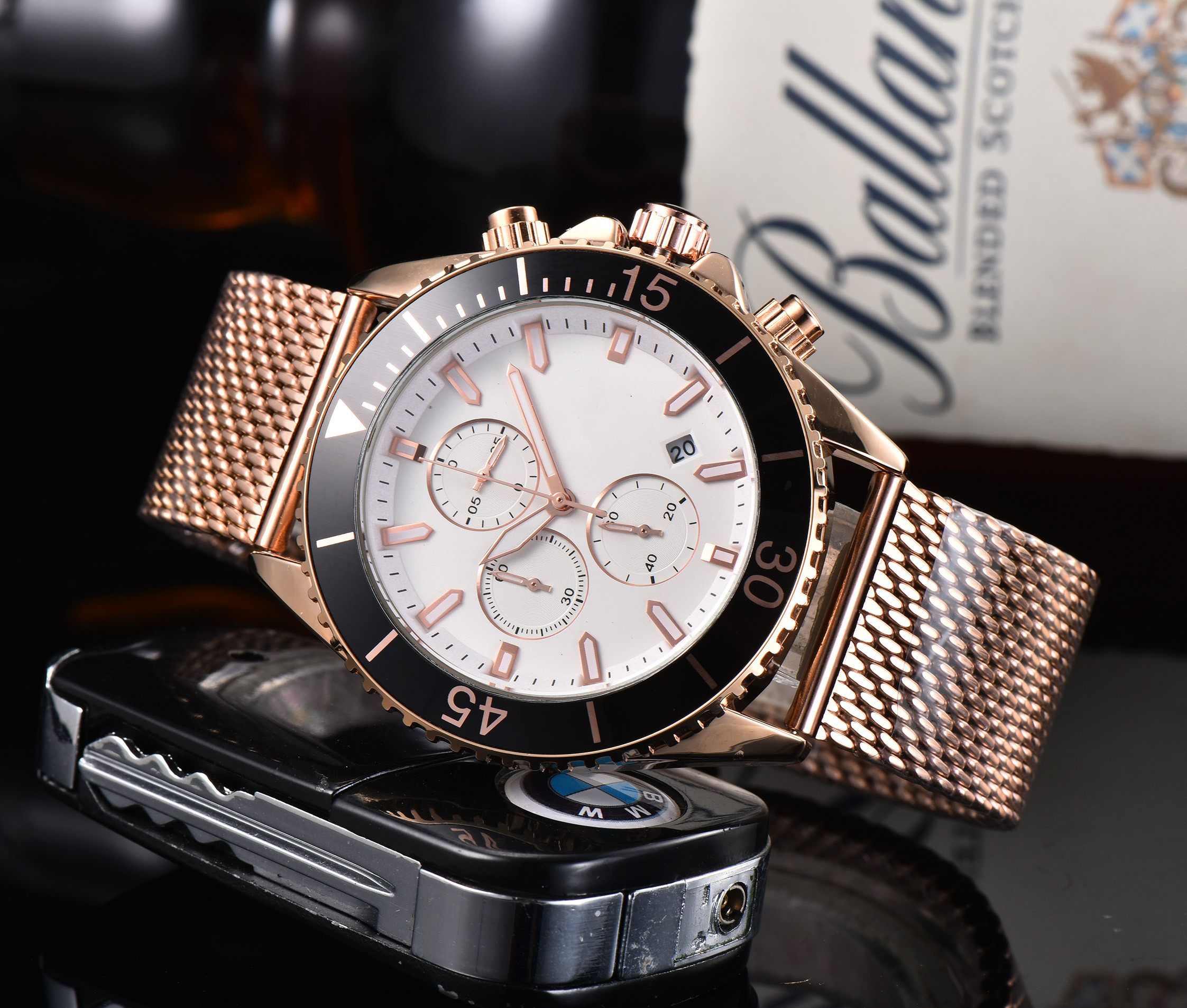 

Men's Quartz Business Boss Calendar Watch Rotating Dial All pointers can be operated grid with concealed buckle, Slivery;brown