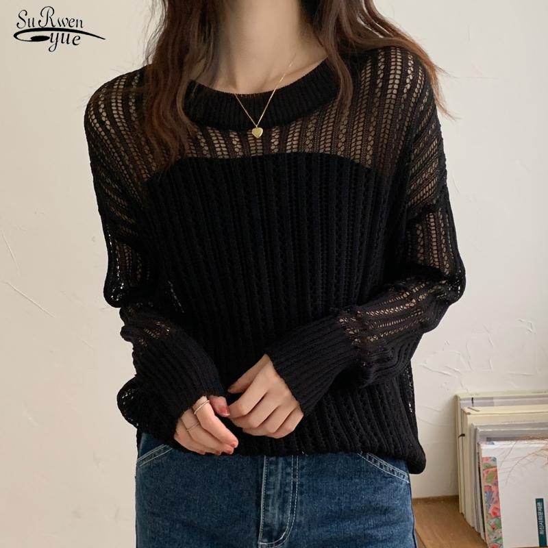 

Women's Blouses & Shirts Women Chic Autumn Korean Style Hollow Out Sunscreen Sweater Long-sleeved Retro Thin Loose Lady Tops White Blouse 15