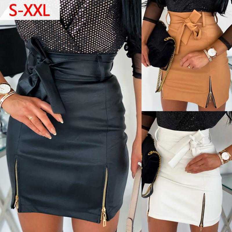 

Women Skirt Black White PU Leather  Bow Bandage High Waist Pencil Zipper Mini Sexy Autumn Winter 210524, Khaki
