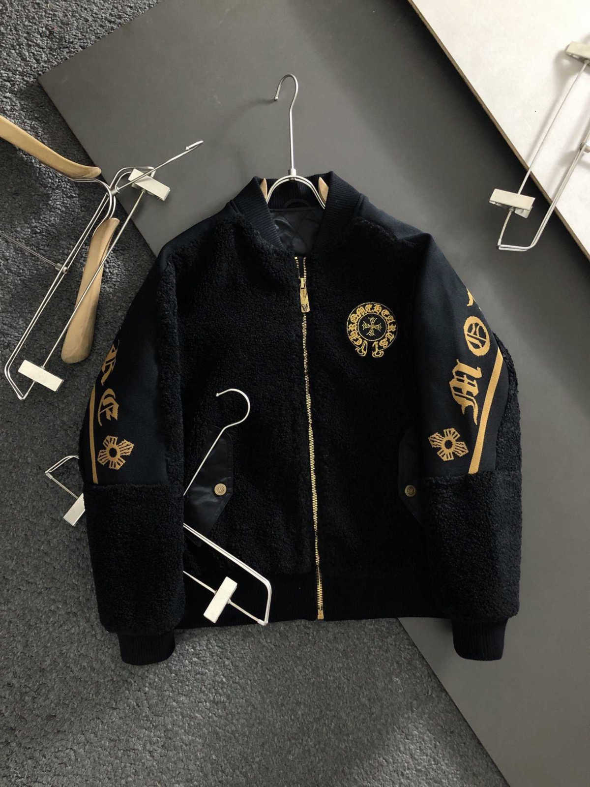 

Chromehearts crosin new fashion versatile cross Sanskrit men's lamb wool stitching jacket, Black