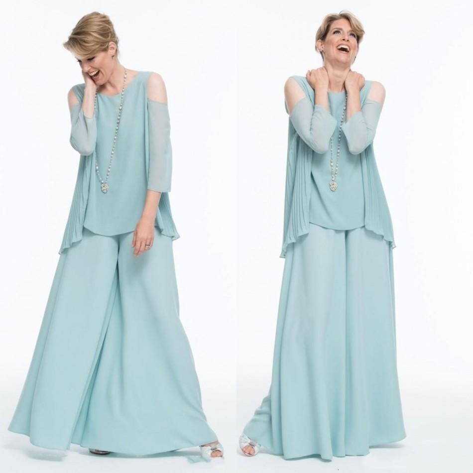 

2021 Mint Green Chiffon New Es Pants Suits Scoop Neck Prom Formal Guest Floor Length Long Sleeve Evening Gown 04f6, Silver