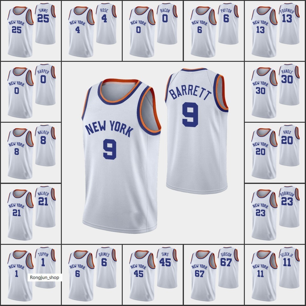 

Screen Print New Basketball York Julius Randle RJ Barrett Kemba Walker Obi Toppin Derrick Rose Aamir Simms Evan Fournier Knick 75th Anniversary Jersey White Printed