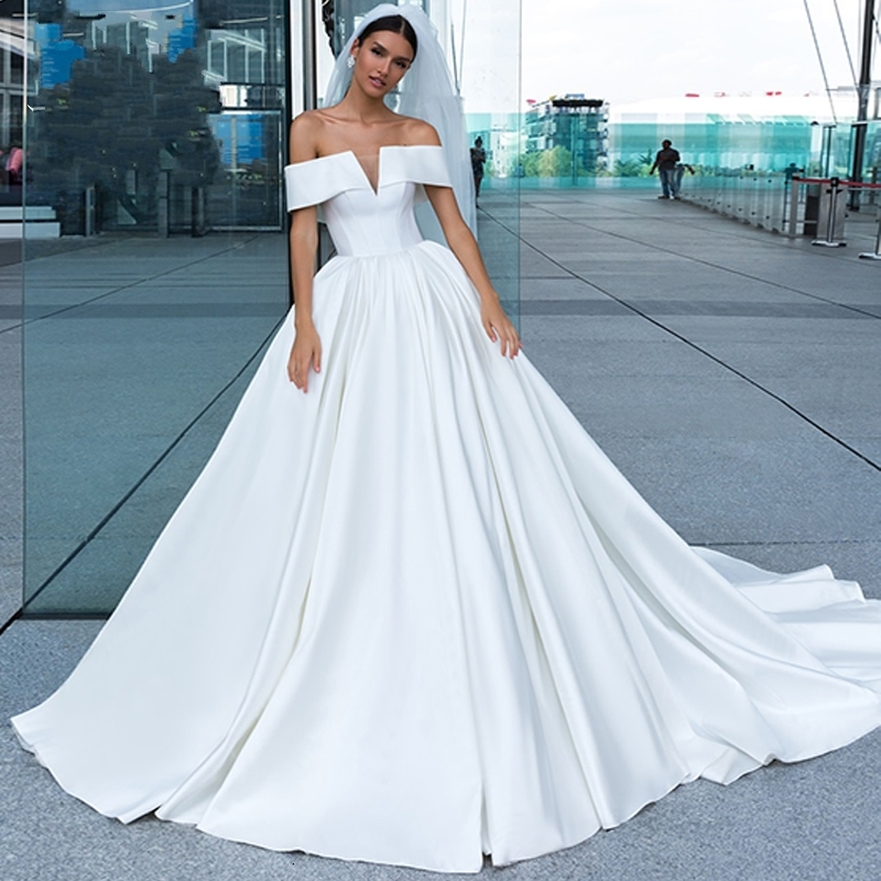 

2021 New Elegant Satin A-line Wedding Off the Shoulder Bride Gown Boat Neck Court Train Size Vestido Noiva Robe De Mariee Nhjo, Ivory