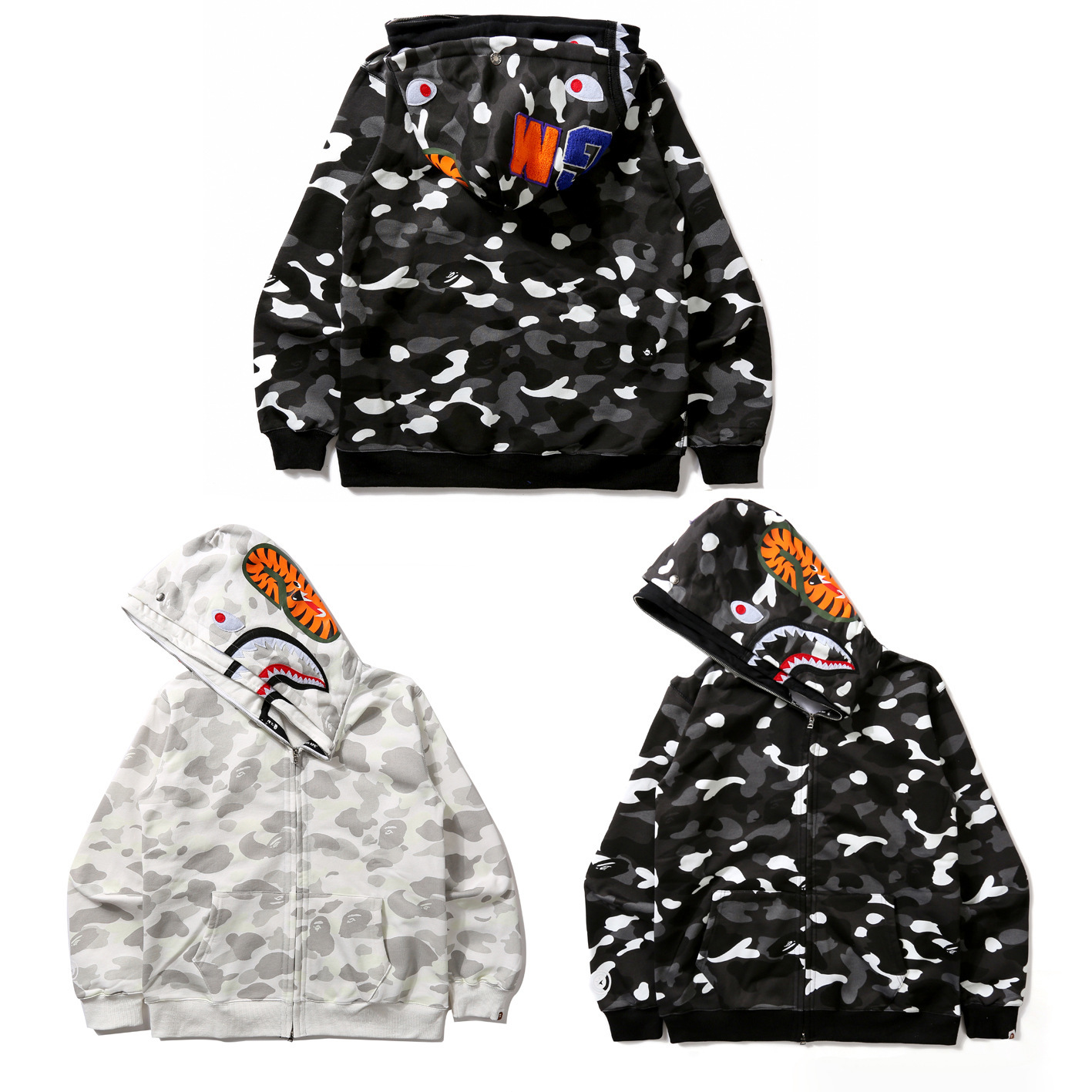 

20ss Tide Brand Ape Luminous Camouflage Spotted Shark Men's and Women's Double Hooded Zipper Sweater Coat C429, Black