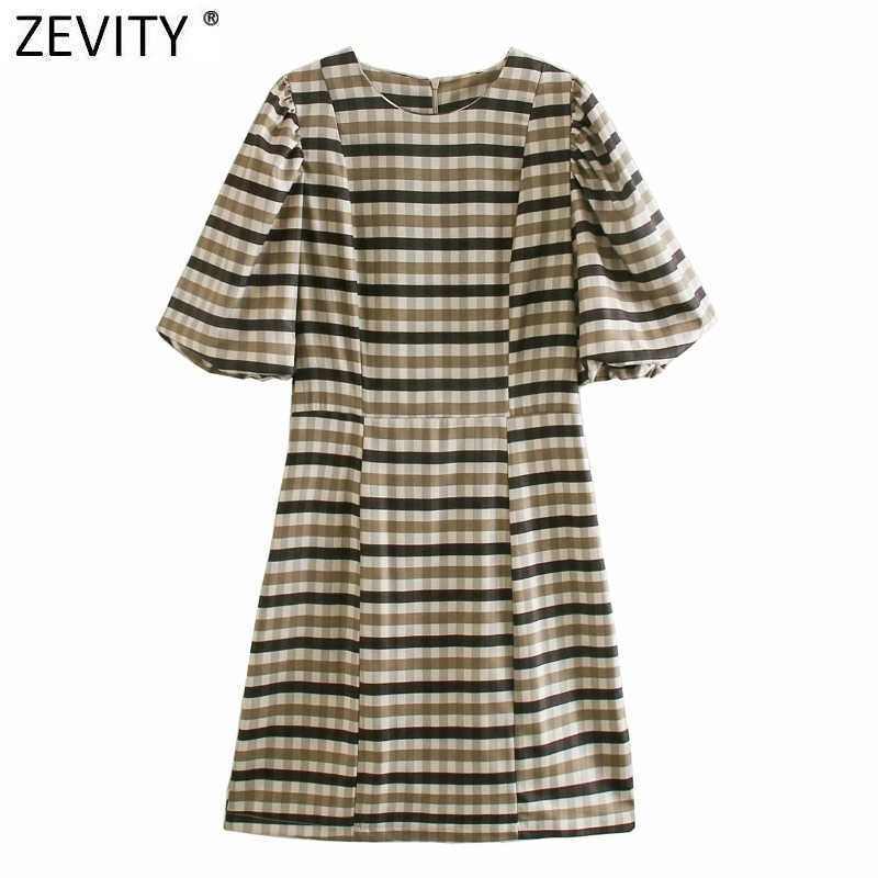 

Zevity Women Vintage Pleats Puff Sleeve Plaid Print Casual Slim Kimono Dress Female Retro Chic Back Zipper Vestido DS5052 210603, As pic ds5052she