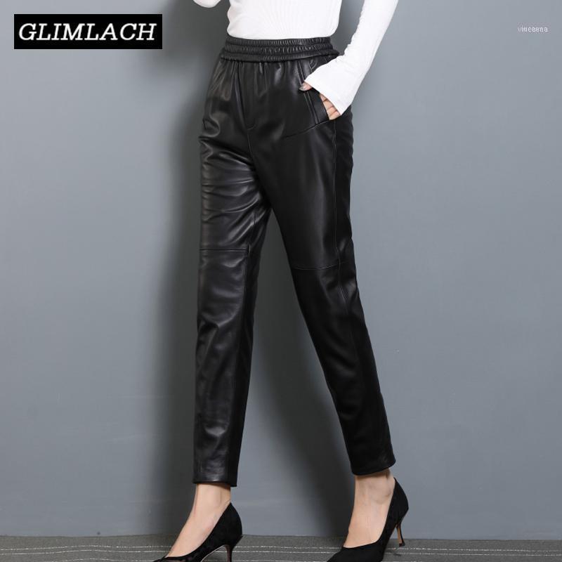 

Women's Pants & Capris Office Lady Elastic Waist Genuine Leather Women Slim Korean Real Pencil Natural Lambskin Plus Size Trousers1, Black;white