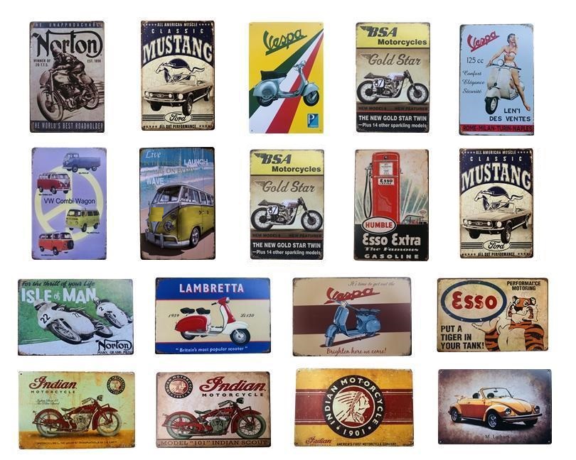 

2021 Vintage Metal Tin signs Retro Vespa Indian Motor Bus Musta Iron Poster ESSO Garage Gas Oil Bar Rustic Plaque Pub Bar Wall Arts Decor