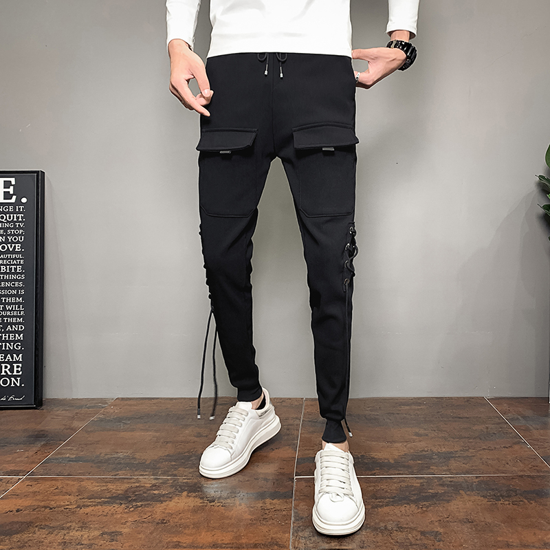 

2021 New Personalidade Lado Drawstrings Decorao Harem Calas Roupas Masculinas Moda Simples Coreano Magro Ajuste Casual Joggers Preto 36 Fwuy, Black