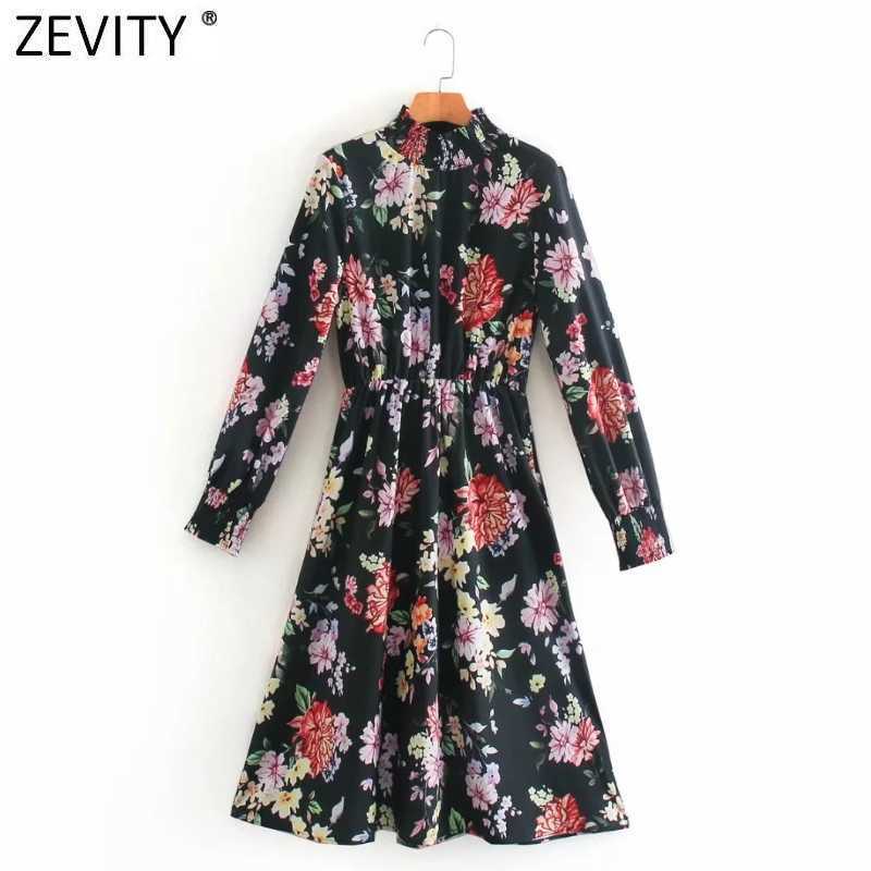 

Zevity Women Elegant Elastic O Neck Flower Print High Waist Midi Dress Female Chic Long Sleeve Casual Slim Party Vestido DS4752 210603, As pic ds4752ld